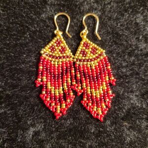 Vibrant Red and Gold Beaded Dangle Earrings